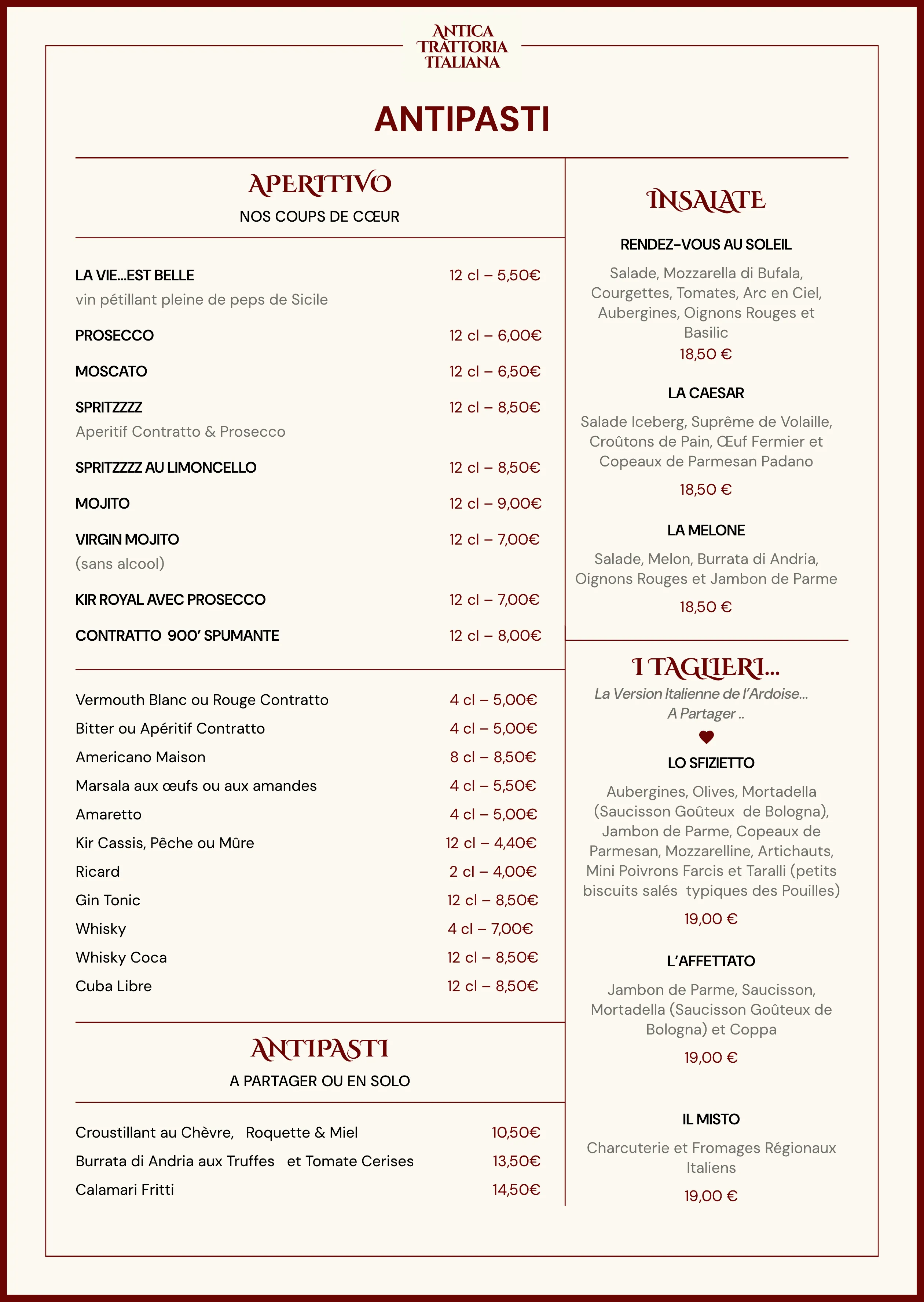 Carte Antica Trattoria - antipasti et entrées.
