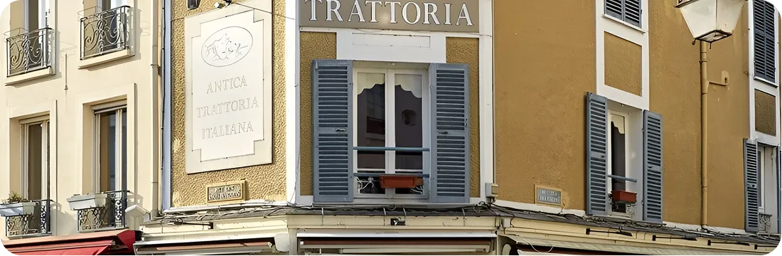 Façade et entrée d’Antica Trattoria à Fontainebleau.
