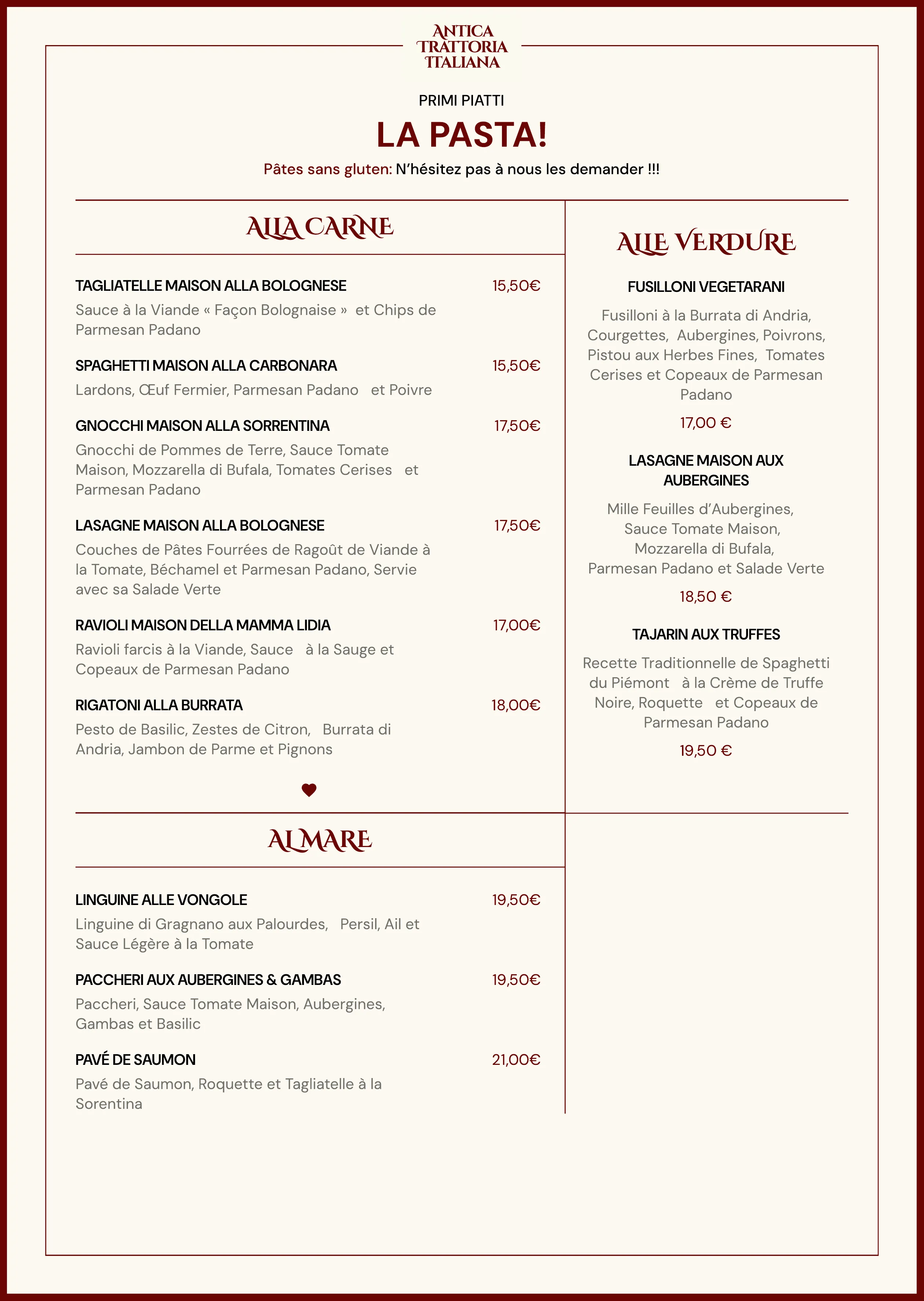 Carte Antica Trattoria - pâtes.