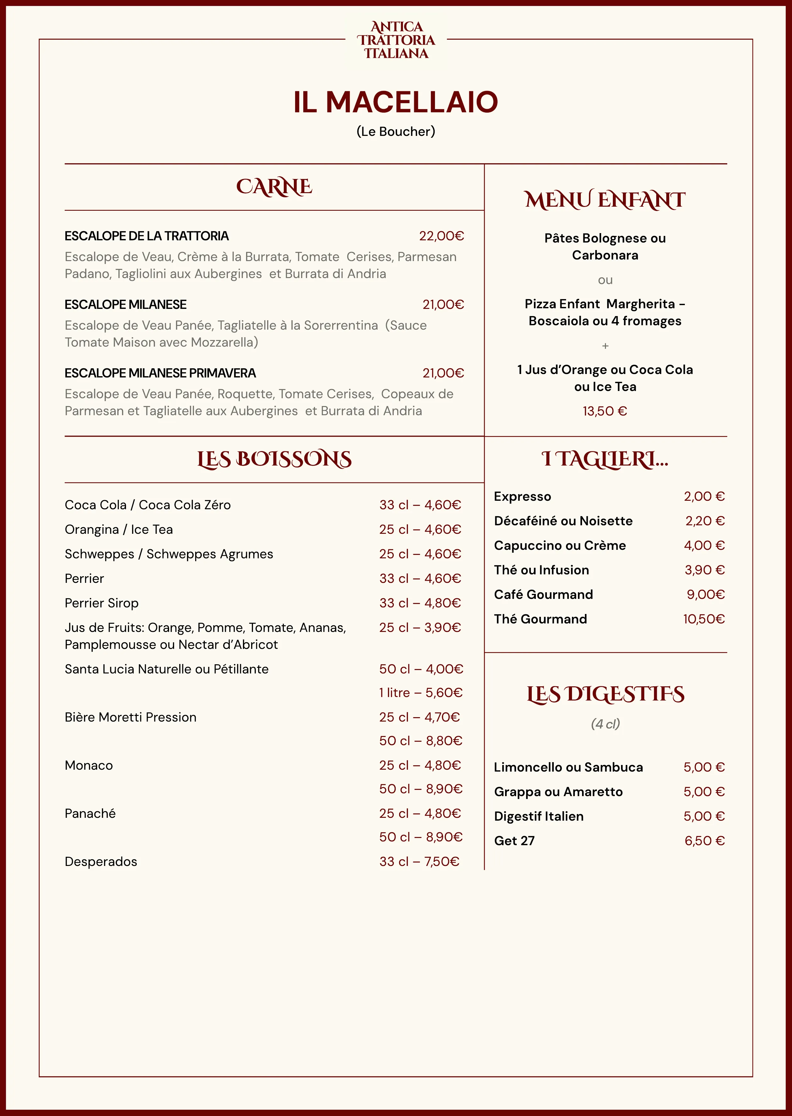 Carte Antica Trattoria - plats, desserts et boissons.